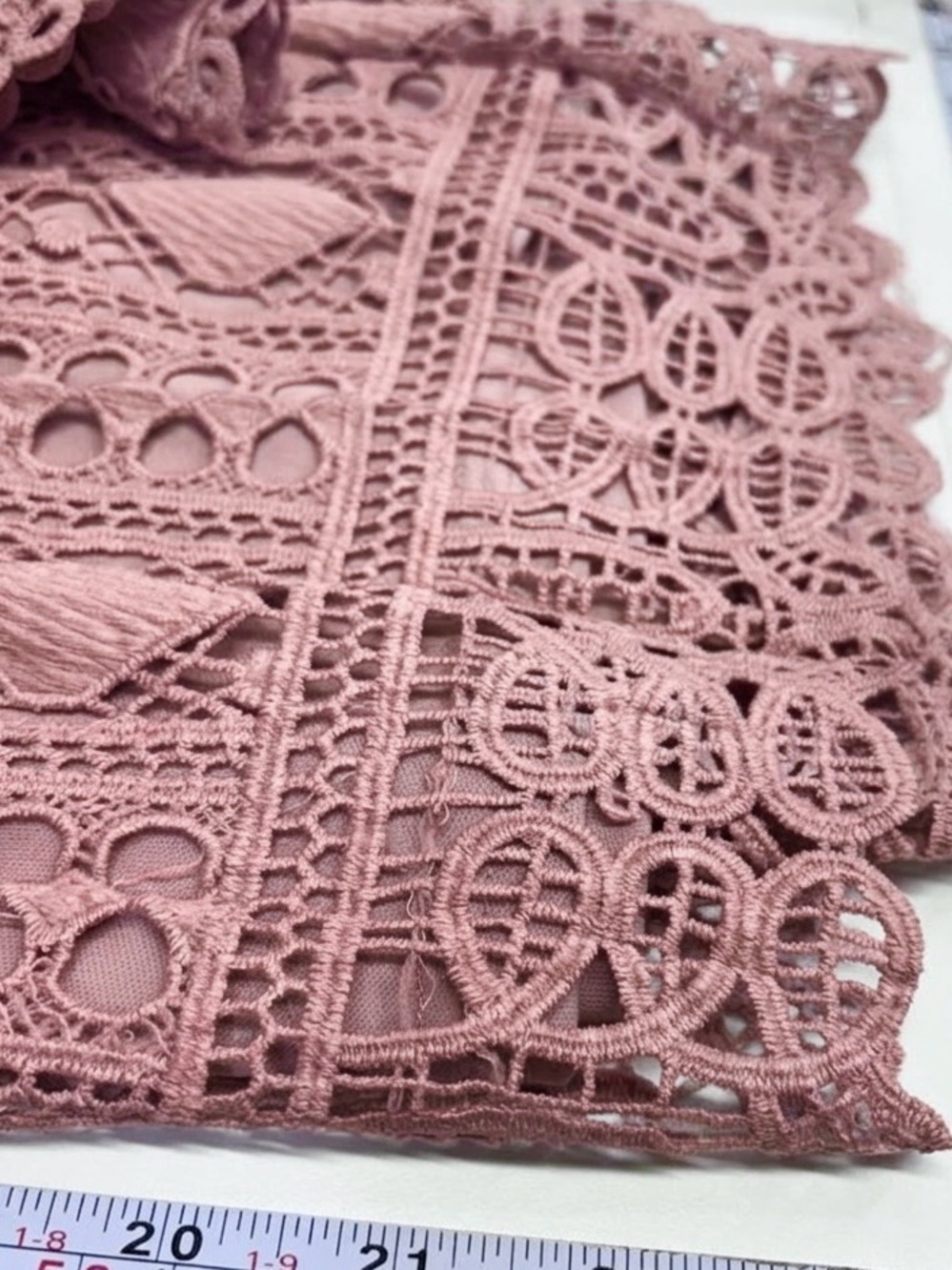 ALLISON Dusty Rose Geometric Crochet Lace Bell-Sleeve Blouse Top - Picture 3 of 6